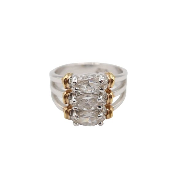 Signed DAC Stacked 3 Stone Crystal Silver Tone Gold Tone Ring Size 6.5-6.75 - Picture 1 of 9